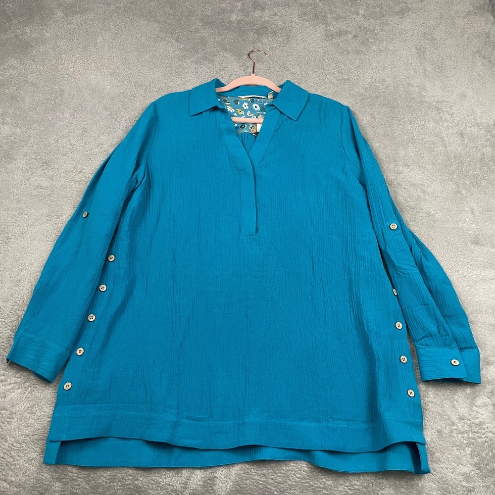 NWT Soft Surroundings Popover Tunic Top Womens L Blue Beachy‎ Lagenlook Cottage